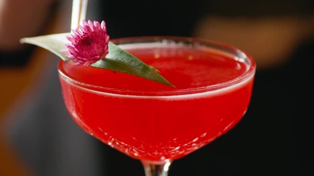 Close up shot of a professional bartender's hands delicately placing a fresh pink edible flower as a finishing garnish on a vibrant red craft cocktail at a premium bar