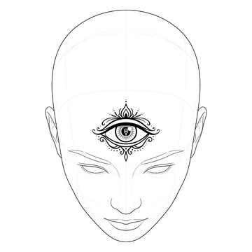 Hand drawn sketch of Third Eye on dummy head base, high angle view, isolated on white background. Technical line art.