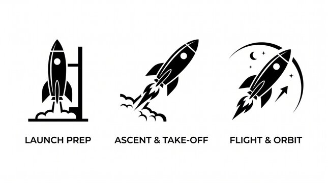 Minimalist rocket icon collection showing launch and flight variations, bold vector silhouettes, startup growth, innovation concept.