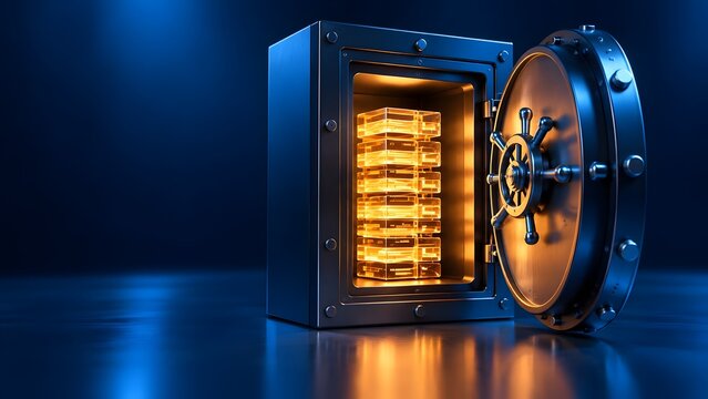 Open metal vault containing glowing digital gold cubes representing secure data storage and financial wealth