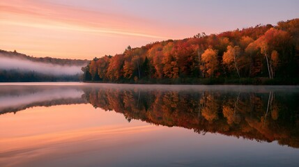 Obraz premium Serene lake with autumn trees and morning mist reflecting on smooth water under pink sky