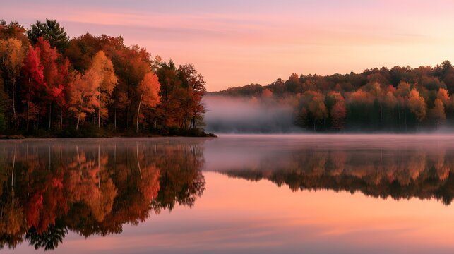 Calm lake with autumn foliage on the shore at sunrise with soft pink sky reflection