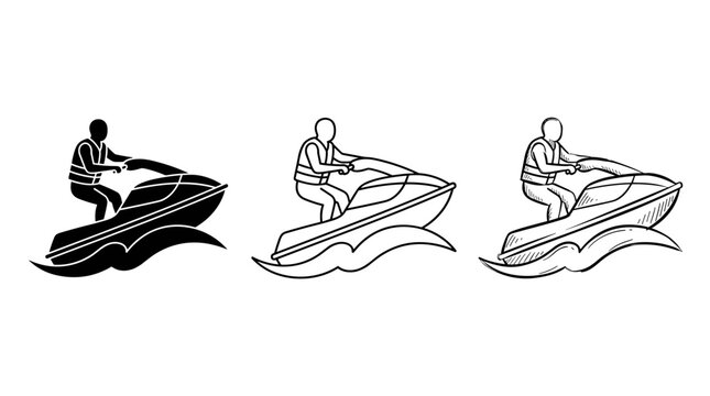 Rider maneuvering a jet ski illustrations in three styles: solid black silhouette, outline, and hand-drawn sketch with waves