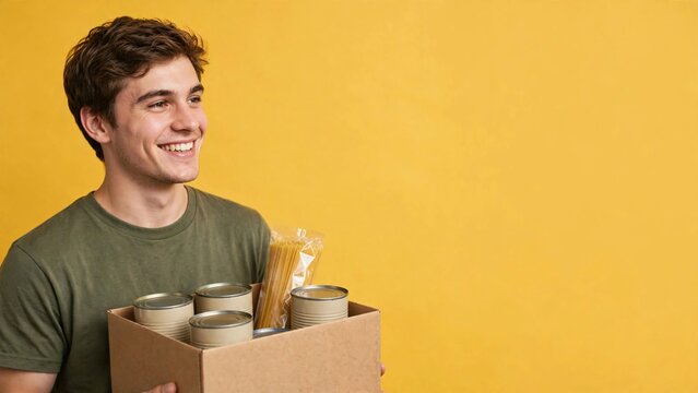 A cheerful young man, holding a donation box filled with groceries, embodies the spirit of generosity and community support.