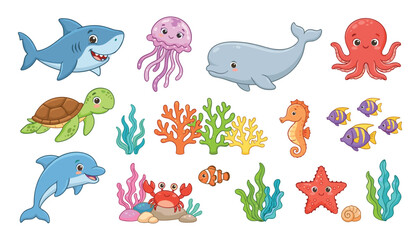 Obraz premium Cute cartoon sea animals vector set featuring happy ocean creatures shark whale dolphin octopus and turtle isolated on white