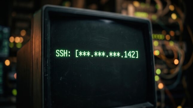 SSH IP address prompt glows in green text on a vintage CRT monitor screen in a dark computer server facility.
