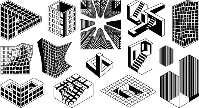 Optical illusion architecture vector set featuring impossible geometric shapes abstract skewed skyscrapers penrose triangle stairs and perspective city buildings.