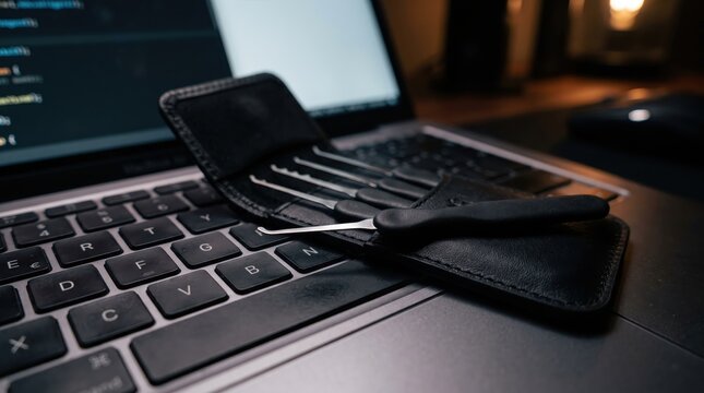 Lock pick set inside a leather case resting on a laptop keyboard, representing ethical hacking and system vulnerability testing.