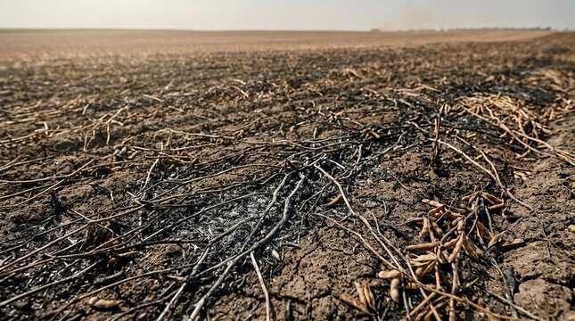 Scorched soybean residue covers a dry agricultural field after harvest under a hazy sky.