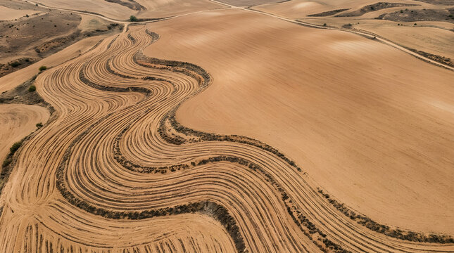 Aerial View of Curved Contour Plow Lines in Arid Field