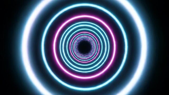 Abstract digital neon tunnel featuring concentric glowing circles in cyan blue and pink purple hues, creating a deep perspective illusion of an infinite portal on a black background.
