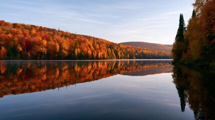 Obraz premium Calm lake surrounded by vibrant autumn forest with stunning tree reflections at sunrise