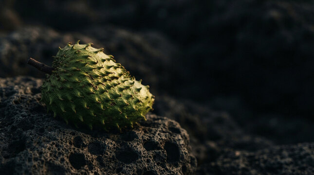 A whole soursop graviola on dark lava rock with deep contrasts