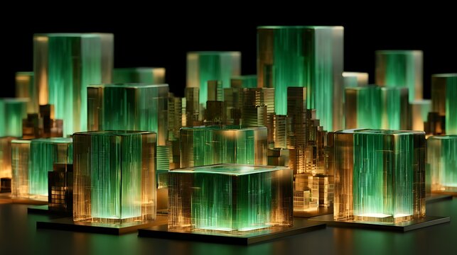blockchain real estate ecosystem, luxury city skyline with tokenized asset blocks, emerald green illumination and gold highlights,
