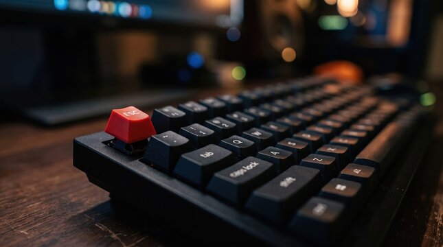 Mechanical keyboard featuring a prominent red accent keycap rests on a sleek dark wooden desk surface in a modern workplace.