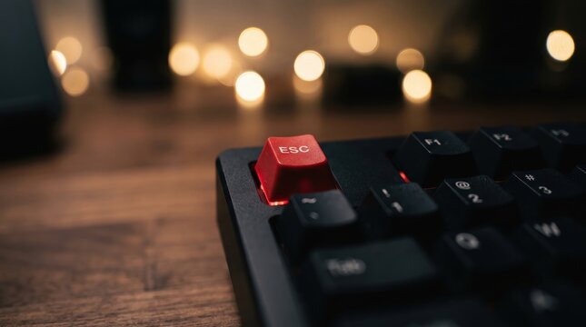 Mechanical computer keyboard highlighting a bright red escape keycap in sharp focus on a dark wooden desk surface.
