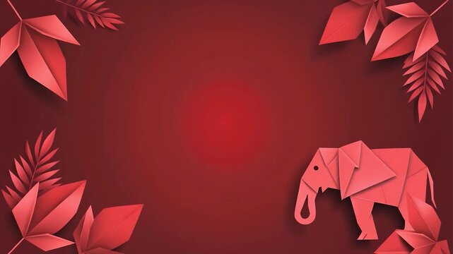 Origami Elephant in Red Foliage: A charming red origami elephant stands among abstract red foliage, set against a gradient red background, creating a minimalist and elegant composition.