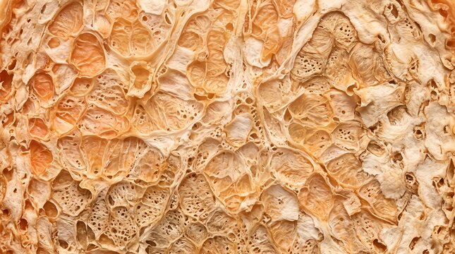 Macro close up of porous baked bread crust texture with golden brown tones