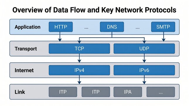 Overview diagram of data flow and key network protocols outlines hierarchical architecture connecting application transport internet and link layers clearly.
