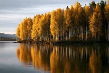 Obraz premium Beautiful autumn scenery showing bright golden birch trees along a serene lake with water reflections