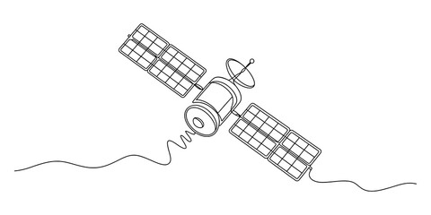 Black and white Continuous line drawing of a space satellite in orbit © JCS Graphic Design 