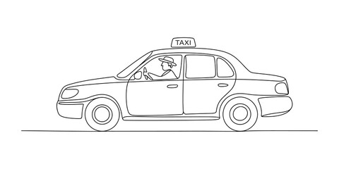 Simple line art drawing of a taxi car with a driver inside © JCS Graphic Design 