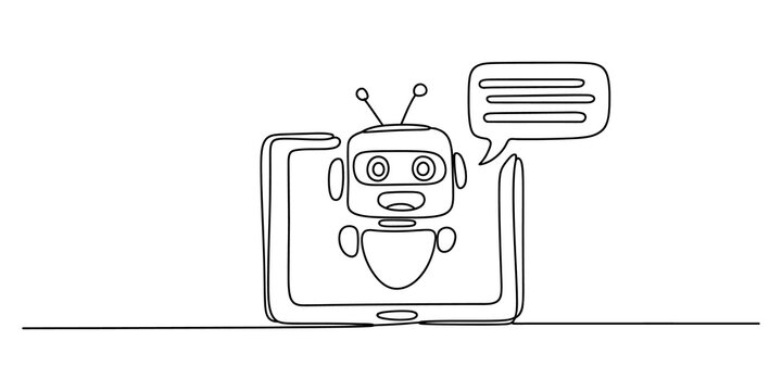 Cute robot character with a speech bubble on a tablet screen line drawing