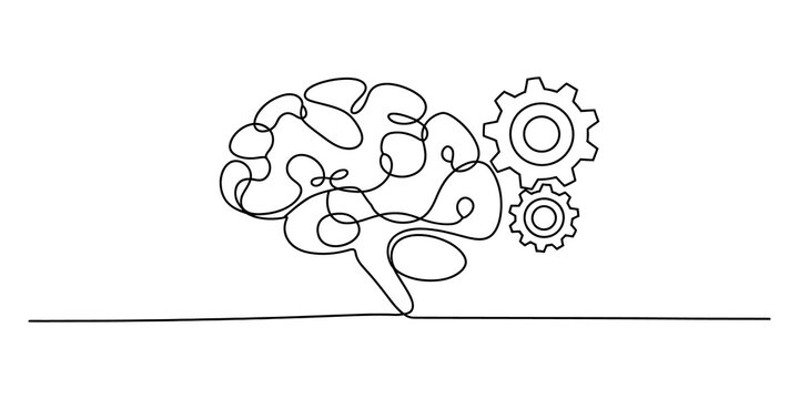 Continuous single line drawing of human brain with mechanical gears