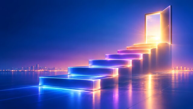 Glowing neon stairs leading to an open door with bright light revealing new opportunities and business success above a city skyline.