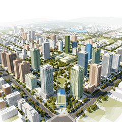 Fototapeta premium Aerial View of a Modern High-Rise Cityscape with Skyscrapers, Green Urban Parks, Wide Boulevards, and Planned Urban Infrastructure under Bright Daylight in a Digital 3D Rendering