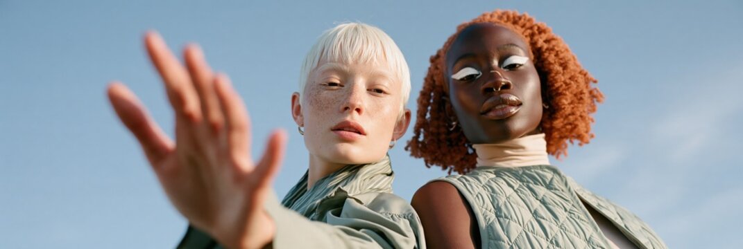 Low angle portrait of two diverse fashion models in quilted vests against blue sky for modern editorial banner and lifestyle background