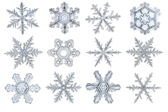 Set of unique natural snowflake crystals on transparent background png