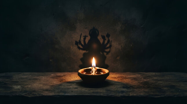 Small burning clay oil lamp with a faint silhouette of a multi-armed deity of ma kali in dark background silhouette