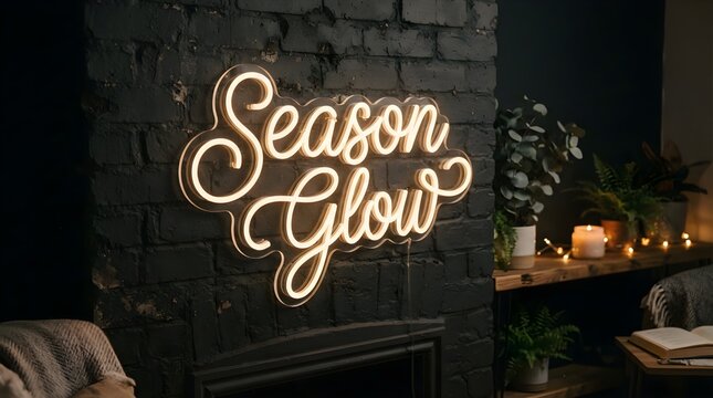 Glowing neon sign displaying elegant cursive script words season glow mounted on a dark textured black brick wall interior setting