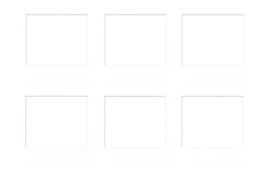 Six empty instant photo frames isolated on transparent background