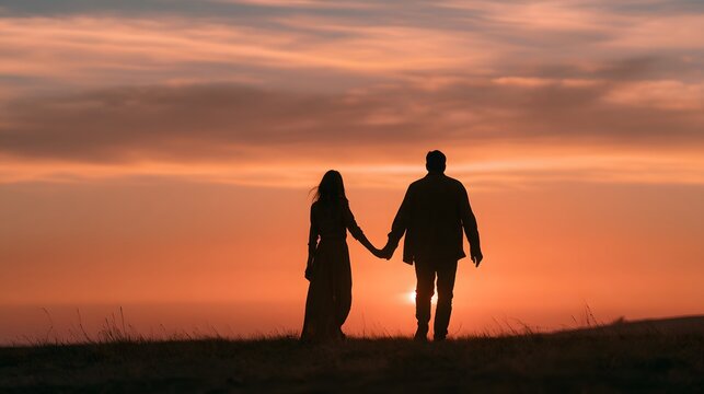 Romantic couple silhouette holding hands walking across a grassy field against a vibrant sunset sky