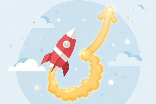 Flat vector illustration of a rocket launching with its trail forming an upward growth arrow