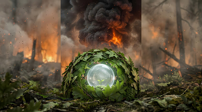A glowing orb, shielded by a canopy of green leaves, sits serenely amidst a devastated forest engulfed in flames and thick black smoke, symbolizing hope amidst destruction.