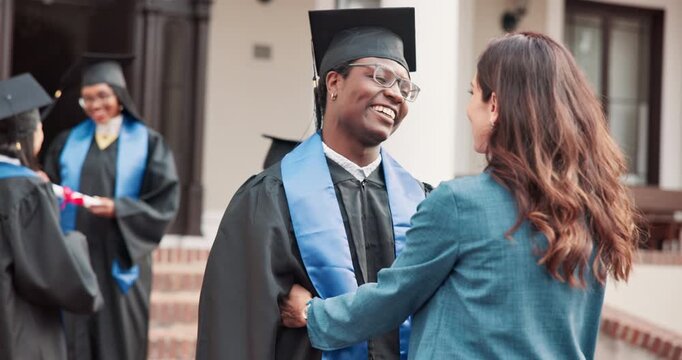 University, celebration and teacher with student for graduation, hug and milestone for education goal. Happy, people and campus with ceremony, degree and success for achievement or college diploma