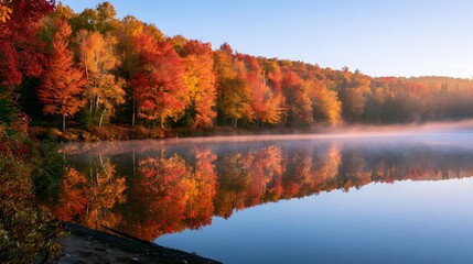 Obraz premium Autumn forest with colorful foliage reflecting on a calm lake with morning mist