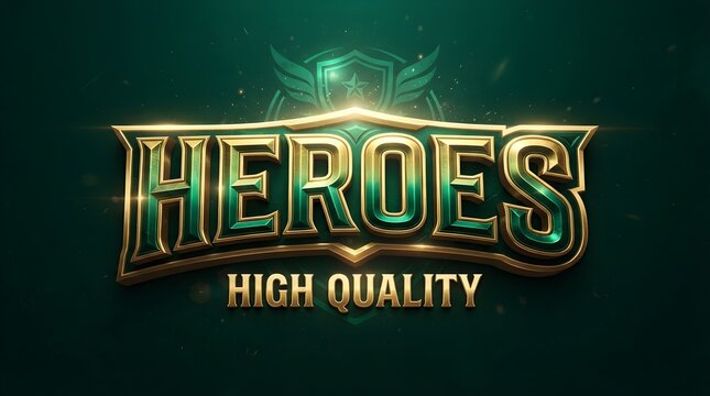 Heroes typography displayed in bold three dimensional gold and emerald green letters featuring a cinematic shield icon on dark background