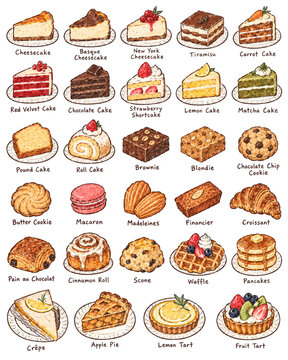Dessert and Bakery Collection with Cakes, Cookies, Pastries and Tarts
