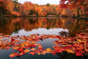 Obraz premium Red and orange autumn foliage floating on a reflective forest lake