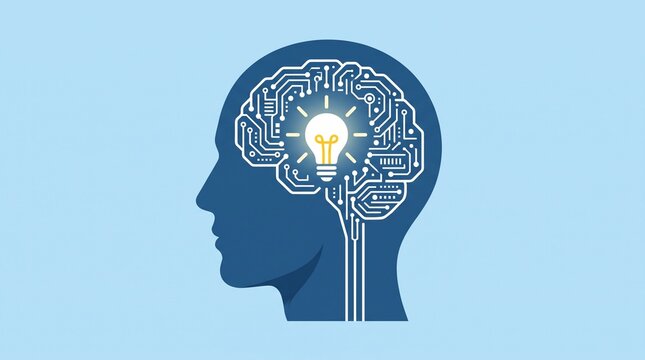 Artificial intelligence and machine learning concept, human head profile with digital circuit board brain and glowing lightbulb