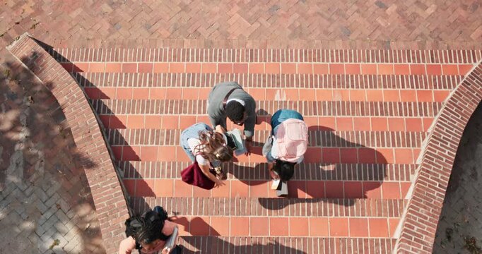 College, people and running with students in rush for class, academic schedule or deadline. Top view, group or learners in hurry with books for lesson, late arrival or pressure together in university