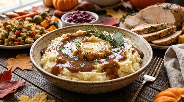 Festive thanksgiving dinner with mashed potatoes gravy stuffing and roasted turkey on a table