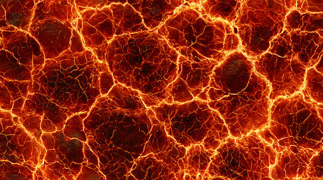 Bright orange lava flow texture with glowing cracks background. AI gen