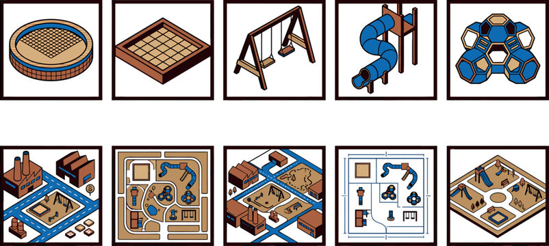 Isometric children playground and urban park city map vector elements featuring slide swing sandbox and outdoor recreation equipment.