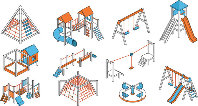 Isometric kids playground vector set featuring outline illustrations of slide swing sandbox climbing net zip line and outdoor recreation equipment.