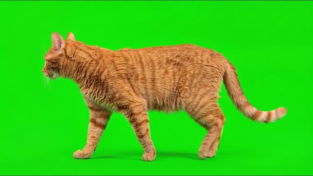 Orange Tabby Cat Walking Naturally from Right to Left in Side Profile on Chroma Key Green Screen Background